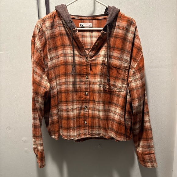 SO Tops - SO Orange Brown and White Plaid Hooded Shirt